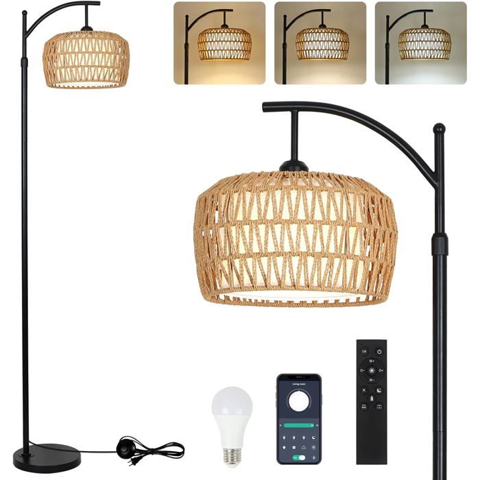 Lampadaire en rotin - Intensité variable - Télécommande et contrôle via app - Ampoule LED 9W incluse
