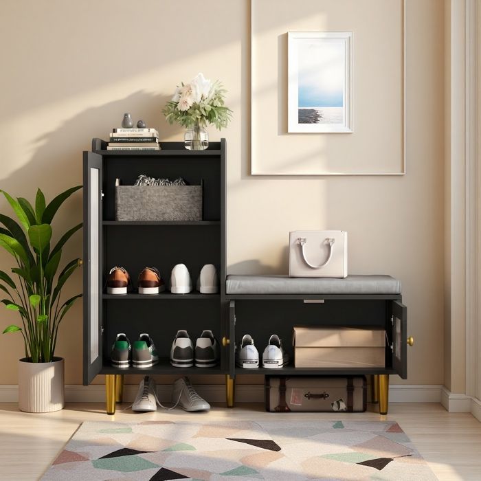 Meuble à chaussures avec banc et séparateur réglable meuble entree avec rangement armoire a chaussures 100 x 35 x 90 cm noir