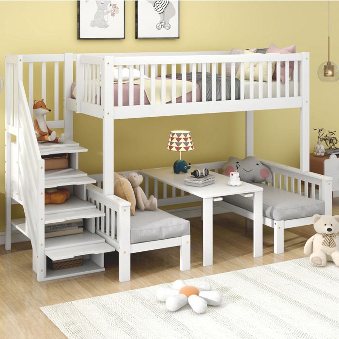 WUVRIE Lit superposé enfant blanc avec escalier de rangement table rabattable 90x200 cm et 120x200 cm