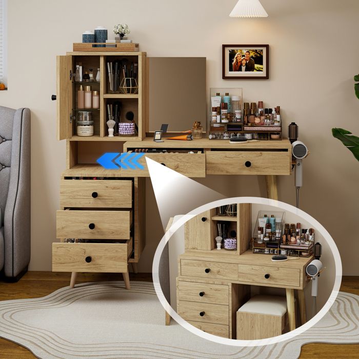 Coiffeuse moderne - Miroir escamotable - 5 tiroirs - Armoire latérale - Tabouret rembourré - Aspect bois naturel