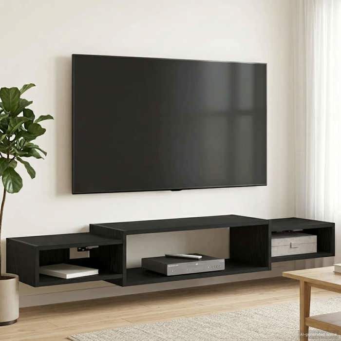 Meuble TV mural élégant - ECOHOME - bois dingénierie - chêne noir - 140 x 28 x 21 cm - 3 étagères@370839