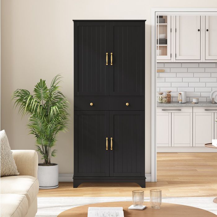 WOVREO Colonne de rangement 77x40x181 cm avec 4 portes 2 tiroirs étagères réglables MDF noir mat