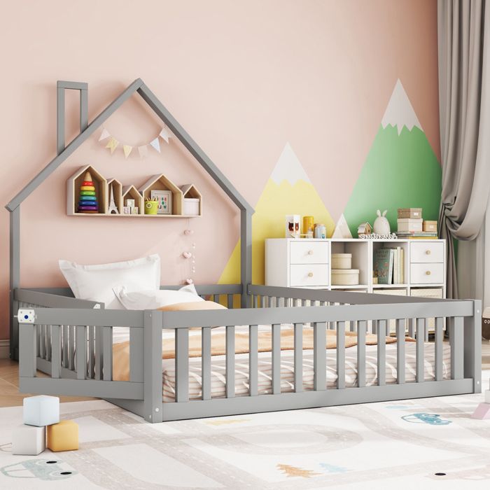 COVREO Lit enfant cabane 140 x 190 cm avec cheminée décorative barrières de sécurité pin et MDF gris