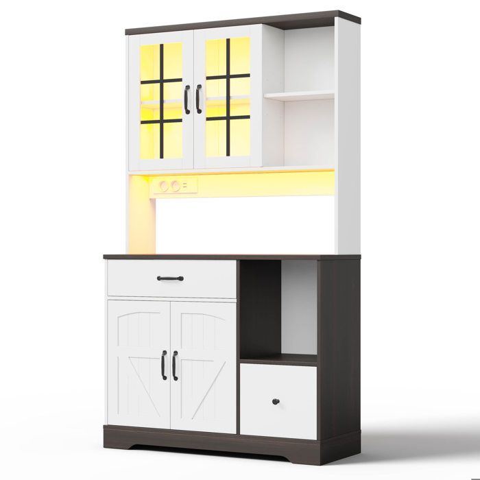 WOVREO buffet de cuisine haut 105 x 40 x 185 cm style vintage esprit grange avec LED prises et USB blanc naturel