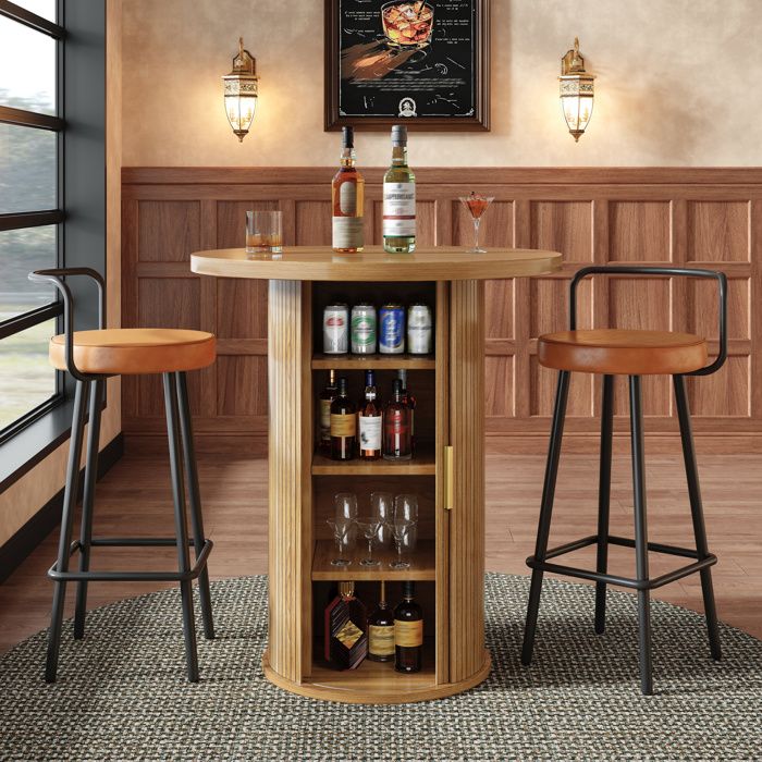 Ensemble table et chaises de bar avec 1 table ronde à rangement et 2 tabourets - UVRION - MDF et métal - Bois