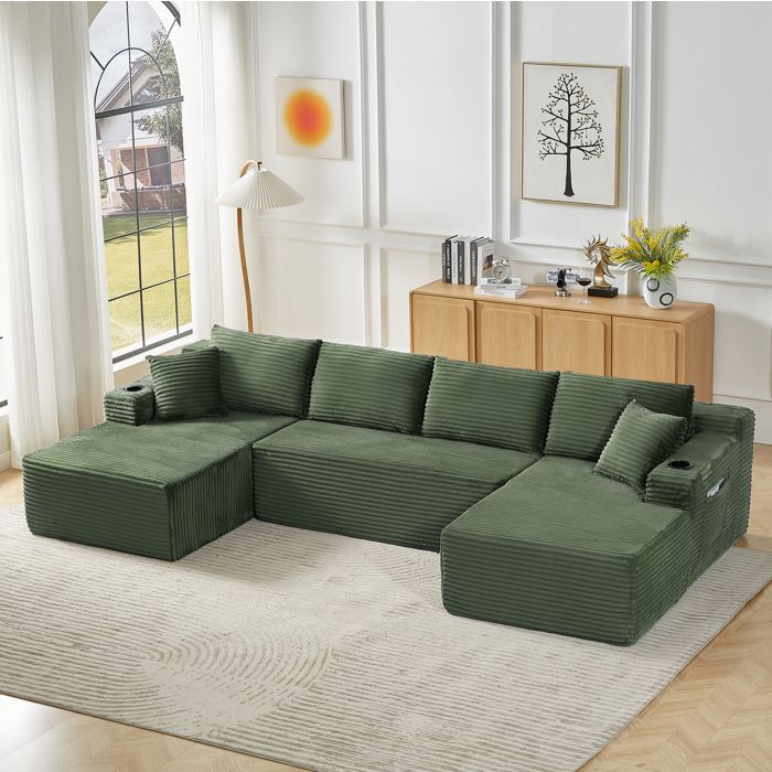 MEUBLIV Canape modulable en U 6 places velours cotele vert assise profonde mousse a memoire de forme