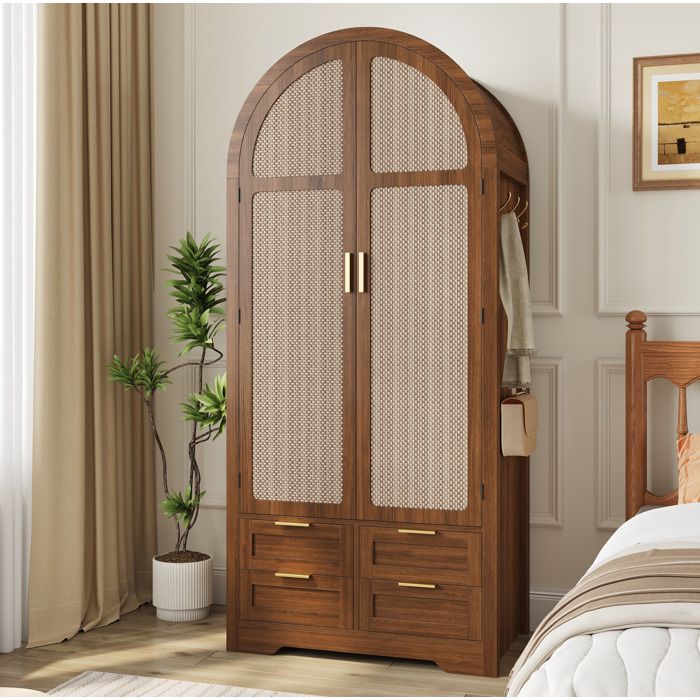 Armoire de chambre 2 portes AESVAR 80 x 50 x 179 cm avec 4 tiroirs penderie et façades aspect rotin noyer