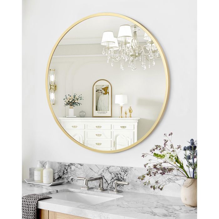 Miroir rond design – Cadre métal doré anti-rouille – Idéal pour salle de bain salon chambre ou entrée – 50 cm – Doré