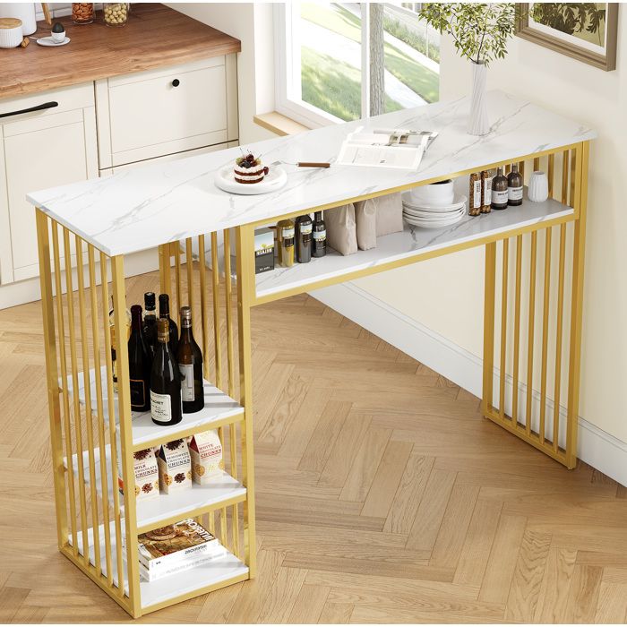 ELVORIN Table bar avec rangement 140 x 40 x 105 cm plateau MDF effet marbre 3 étagères ouvertes structure en métal doré blanc