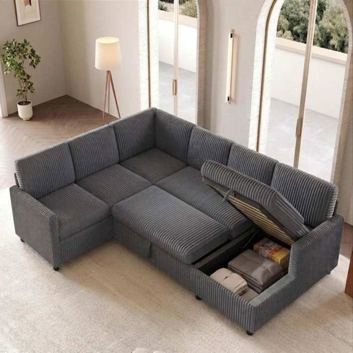 Canapé convertible dangle en U en velours côtelé avec couchage coulissant et méridienne de rangement gris