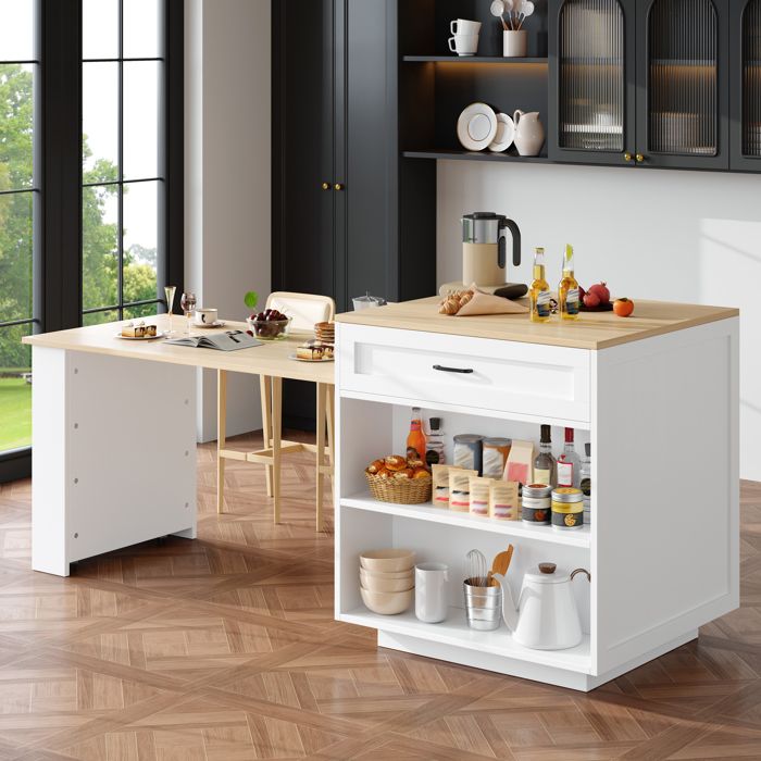 Zitty Table de Bar Extensible Îlot de Cuisine avec Rangement 133-202x70cm MDF Effet Marbre Blanc pour 2-6 Personnes