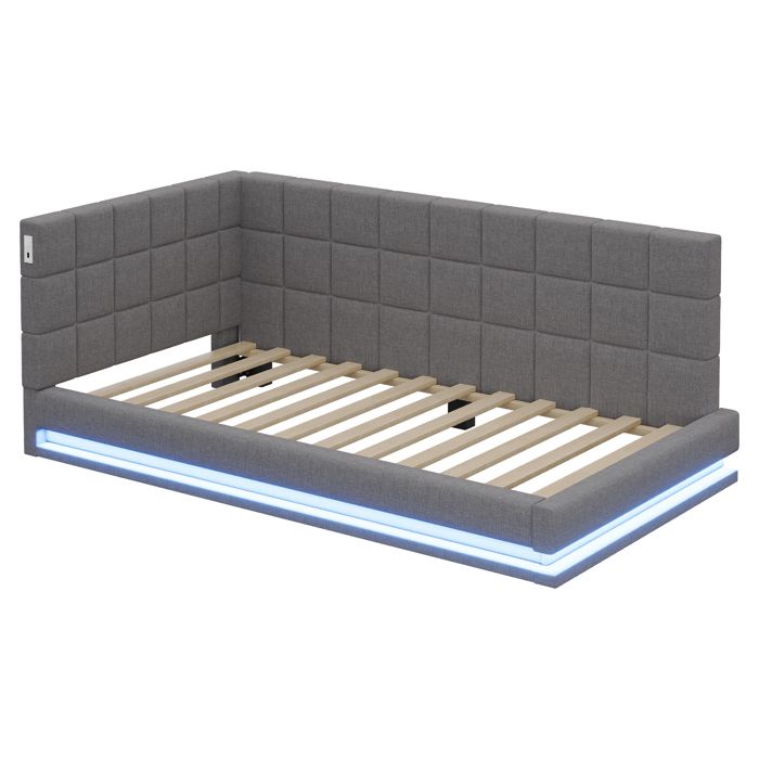 Lit banquette rembourré 90x200 cm en lin coloris gris matelas non inclus sommier à lattes ports USB intégrés