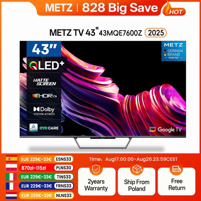 METZ Téléviseur intelligent QLED 4K UHD 43 pouces Google TV Dolby Vision Dolby Atmos HDR Écran mat 43MQE7600Z