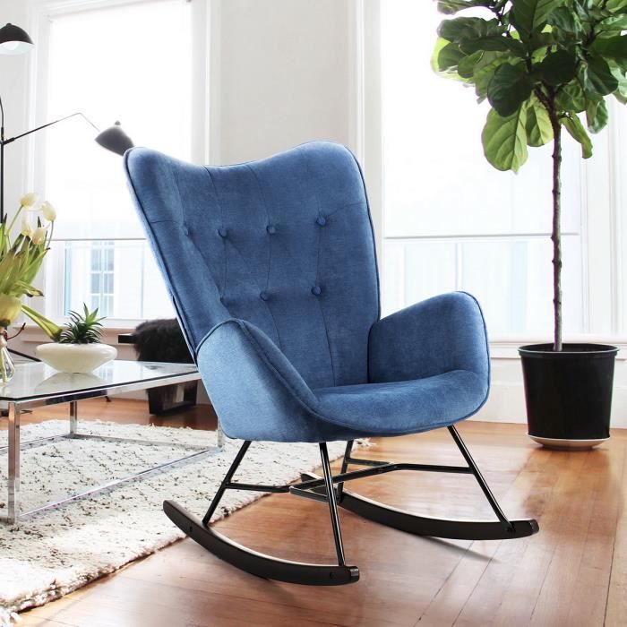 meubles cosy fauteuil à bascule, rocking chair, revêtement en tissu bleu foncé,  pieds en bois de hêtre foncé, style scandinave