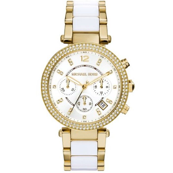MICHAEL KORS Montre Femme -  MK6119 Parker - Bracelet Blanc Dor&eacute; - Cadran Blanc - Etanch&eacute;it&eacute; 100 m&egrave;tres 