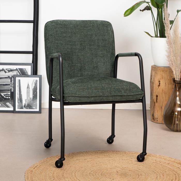 Livin24 Chaise de salle à manger à roulettes Mila vert tissu chiné