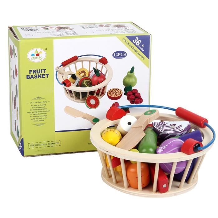 Jouet Fruit à Couper En Bois Montessori – 9 Fruits, Couteau, Sac Rangement, Cadeau 1-2-3 Ans