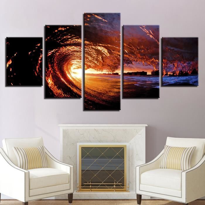 5 Pcs Peinture Coucher De Soleil Mer Vague Peinture Sur