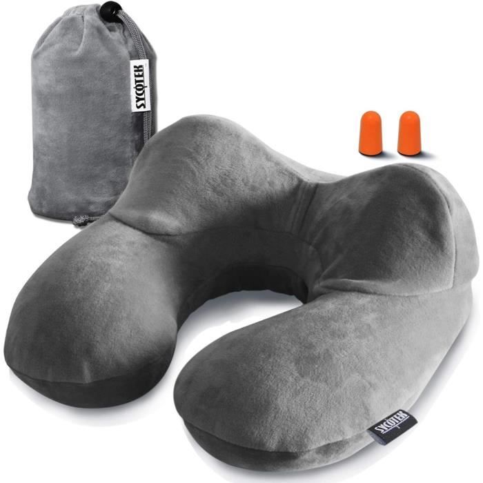 Oreiller De Voyage Gonflable JINYJIA - Coussin Cervical Avec Masque De Sommeil, Bouchons D'Oreilles Et Sac - Idéal Avion, Train Et Voiture (Bleu)