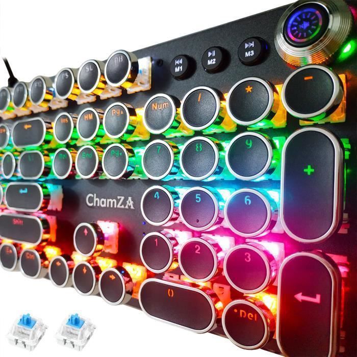 Chamza® qwerty RGB jeu mécanique Clavier w/ multimedia bouton machine à écrire style 104 Switch Blues - Noir Fabriqué en Chine