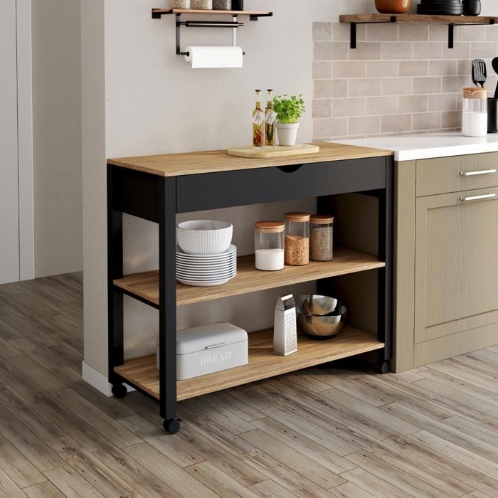 IDMARKET Desserte de cuisine PENH XXL avec tiroir et plan de travail noir plateaux façon hĂȘtre L.100 CM IDMARKET Desserte de cuisine PENH XXL avec tiroir et plan de travail noir plateaux façon hĂȘtre L.100 CM