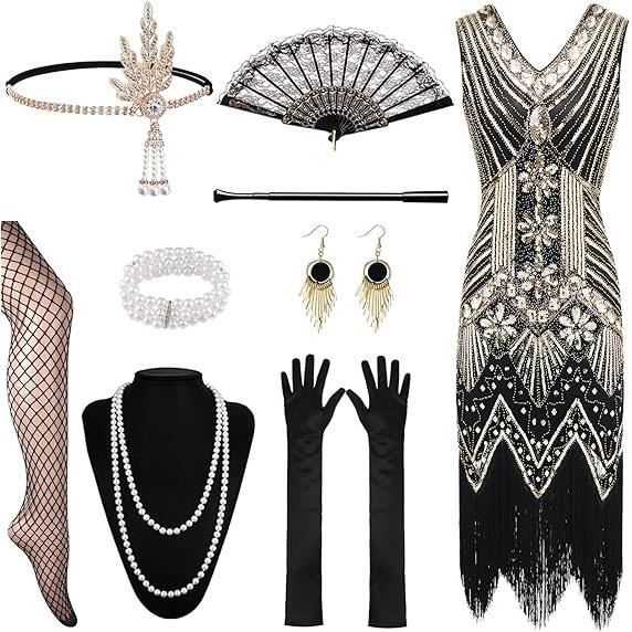 Robe à Franges à Sequins Années 1920 V Neck Paillette Robe Femme Flapper Robe Soirée Longue Robe Charleston Gatsby Robe Élégante Vintage Idéal Pour Un Cocktail, Un Carnaval