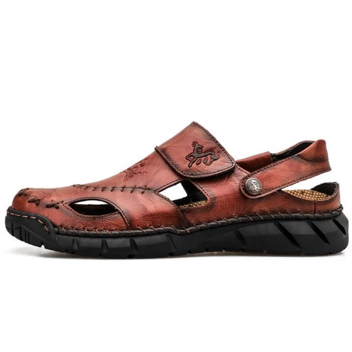 Sandales D'affaires à Bout Fermé Pour Hommes, Chaussures Romaines Creuses à Boucle De Cheville, Sandales De Plage De Pêcheur D'extérieur Respirantes D'été (35-47) (couleur : Marron, Taille : 9,5