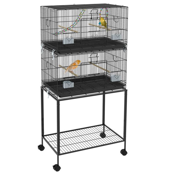 Cage à oiseaux - PawHut - sur pied volière double mangeoires perchoirs plateau roulettes - acier - 77x46x164cm - noir