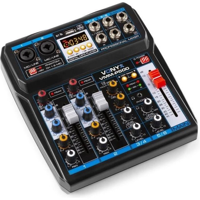 VONYX VMM-P500 - Table de mixage 4 canaux, Technologie Bluetooth, MP3/USB, 16 effets digitaux, Entrées microphones