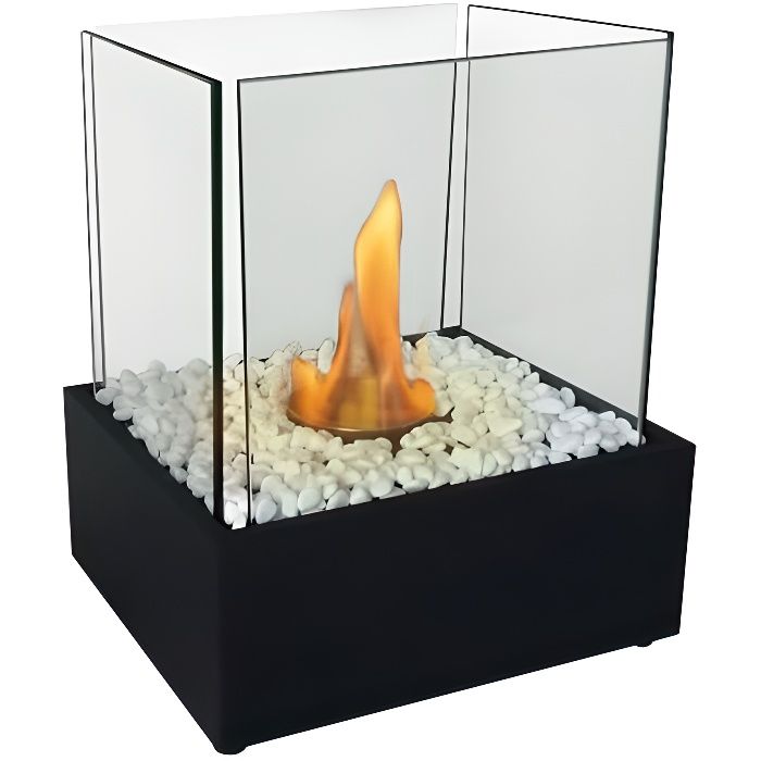 Cheminée éthanol Purline IRIS B - Lanterne De Table Noire - Verre Trempé - Flamme Réelle
