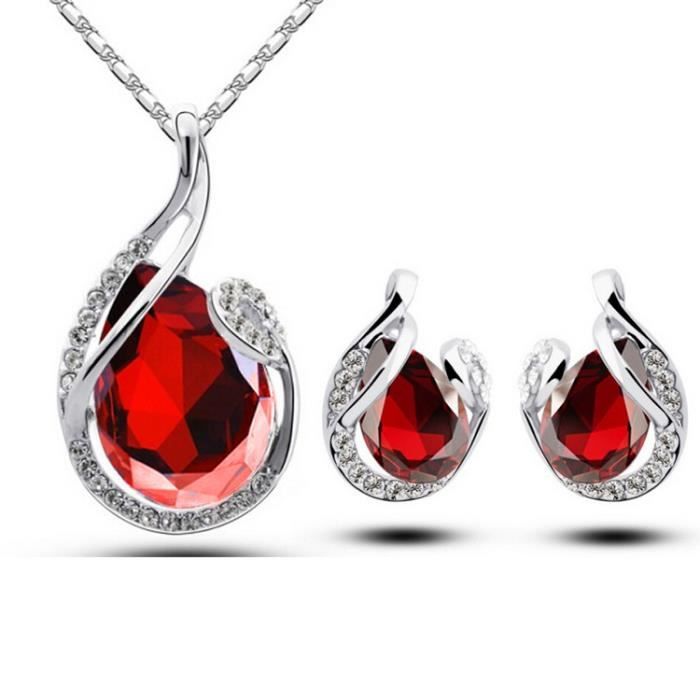 parure bijoux ajustable pour femme coffret cadeau rmega mariage boucle d'oreille collier - zinc - saint valentin - rouge