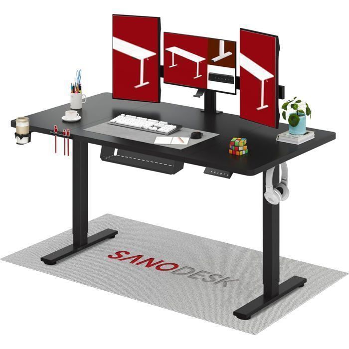 SANODESK Bureau Assis Debout Électrique 160x60cm avec Système Anti-Collision et Fonctions Mémoires Crochet/Porte-gobelet Noir