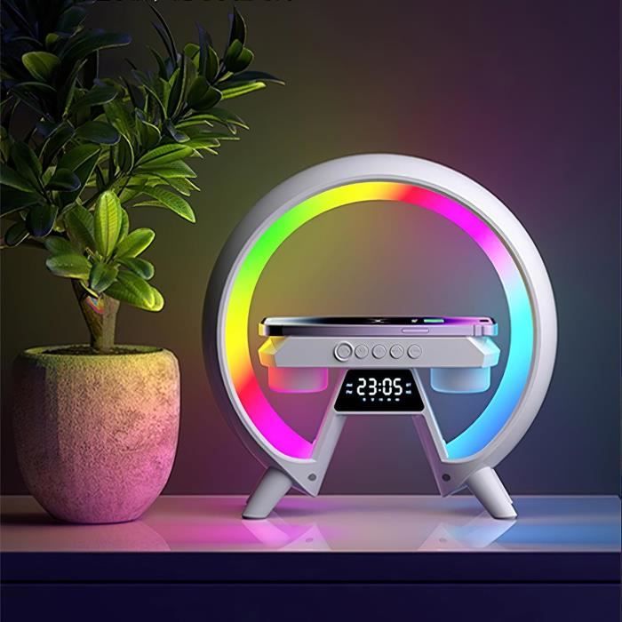 Lampe De Table Intelligente Multifonction : Chargeur Sans Fil 15W, Bluetooth, Radio FM, Réveil & Lumière Ambiance (Blanc)