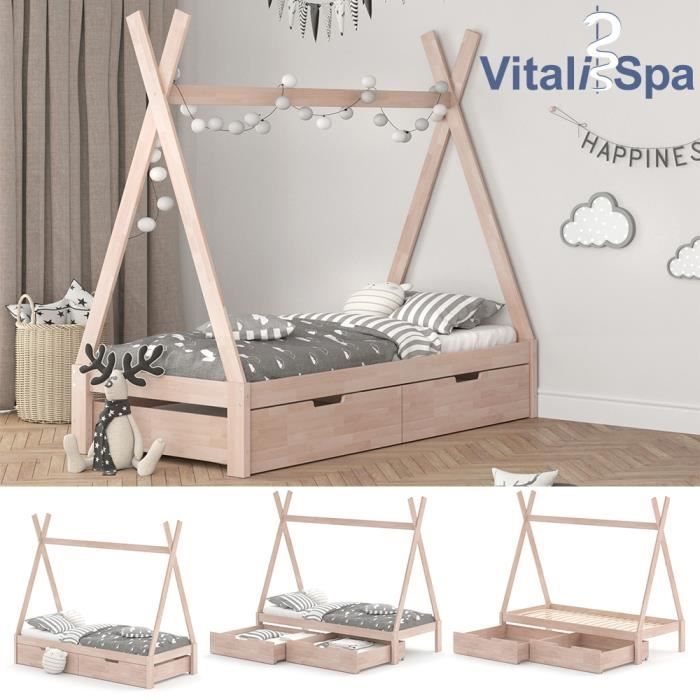 Tipi Lit enfant blanc 2 tiroirs+jeté VitaliSpa lit tipi évolutif 70 x 140cm 
