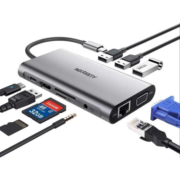 Hub USB C, adaptateur USB C hub 10 en type C avec Ethernet RJ45 1000M, ports HDMI 4K, VGA, USB 3.0, port de chargement PD 2.0