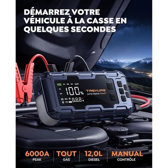Booster Batterie Voiture 10-en-1 TREKURE 6000A - Démarreur Portable, Gonfleur 160PSI, Charge Rapide 45W, Lampe LED