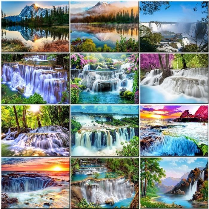 Toile Peinture Cascade - Rocher - Paysage - 180x120 cm - Décoration