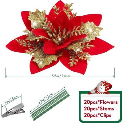 15 Pièces Poinsettia Pour Sapin, Fleurs De Noël Artificielles, Décoration Sapin, Paillettes De Noël, Fleur Pour Une Décoration De Fête Étincelante, Argenté