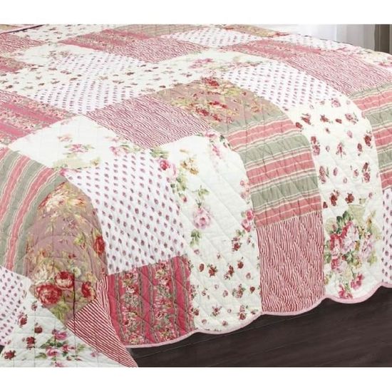G/én/érique Couvre lit de boutis 100/% Coton avec Conception de Patchwork 230X250cm avec 2 Taies 65X65cm/_MM18Z566 Vert et Rouge