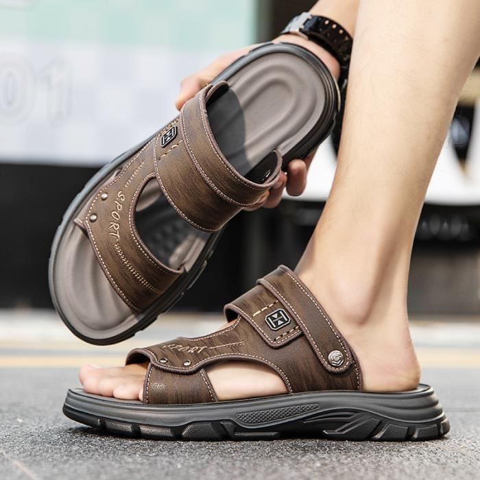Sandales Hommes Cuir Marron A élastique Plat Basse