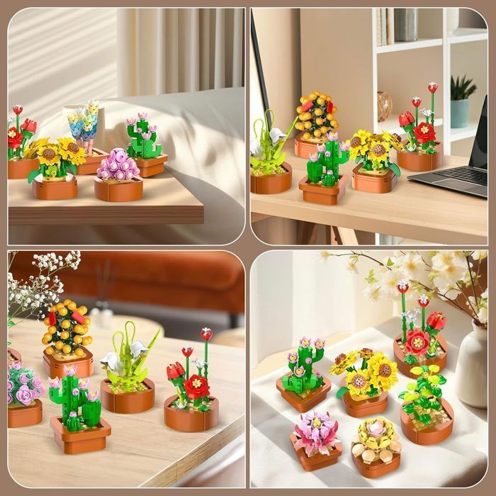 Set De 12 Succulentes Mini-Briques 3,6 Mm – 1403 Pièces – Collection Botanique Pour Déco Bureau Et Maison – Dès 10 Ans