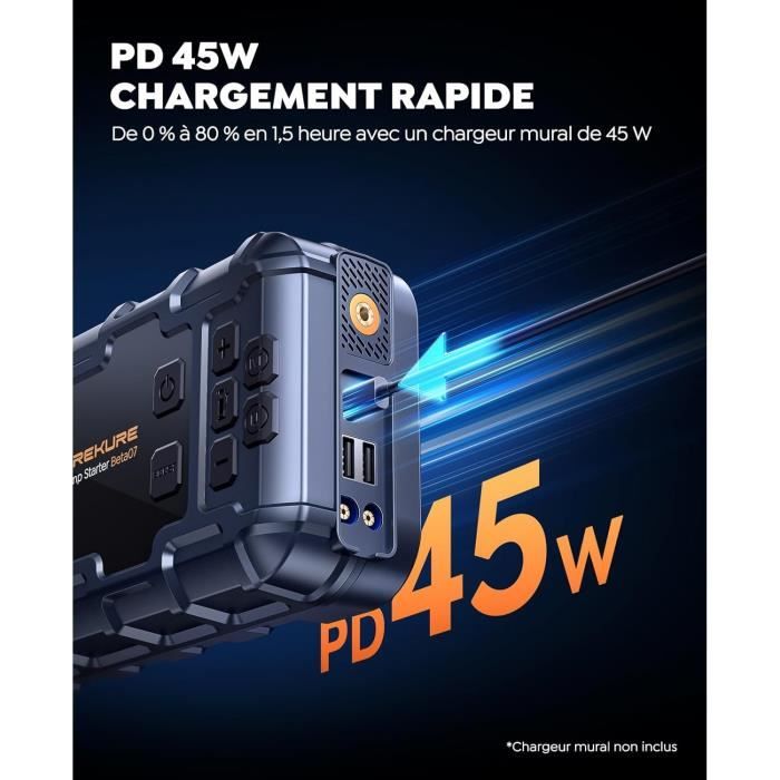 Booster Batterie Voiture 6000A Avec Gonfleur Pneus 160 PSI - Batterie 27000mAh, Écran LCD - Pour Moteurs Essence/Diesel Jusqu'à 10L - Lampe Torche, USB
