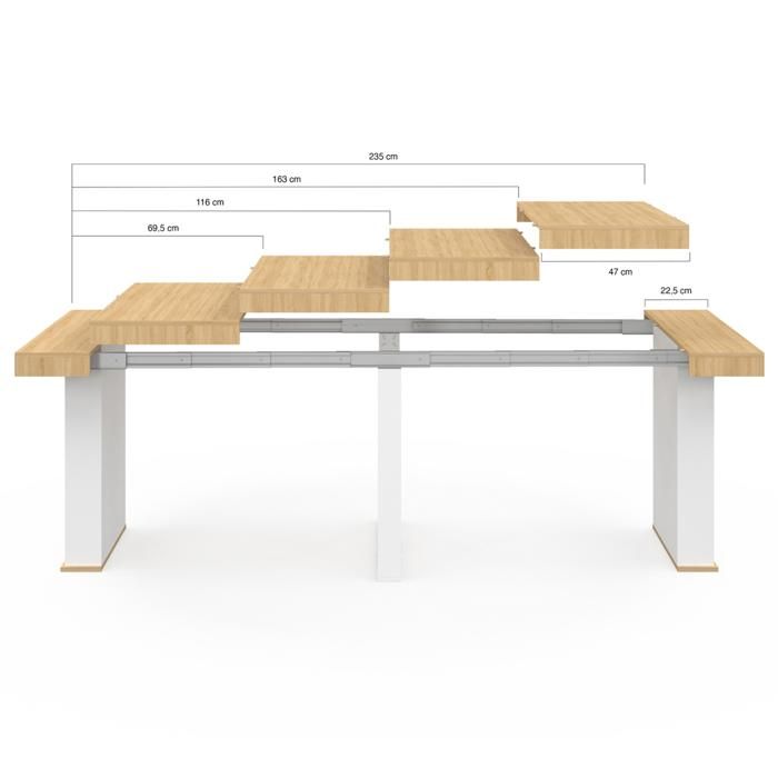 Table Console Extensible Michel - Bois Blanc Et Effet Hêtre - Passe De 90 Cm (console) à 235 Cm (table 10 Personnes)