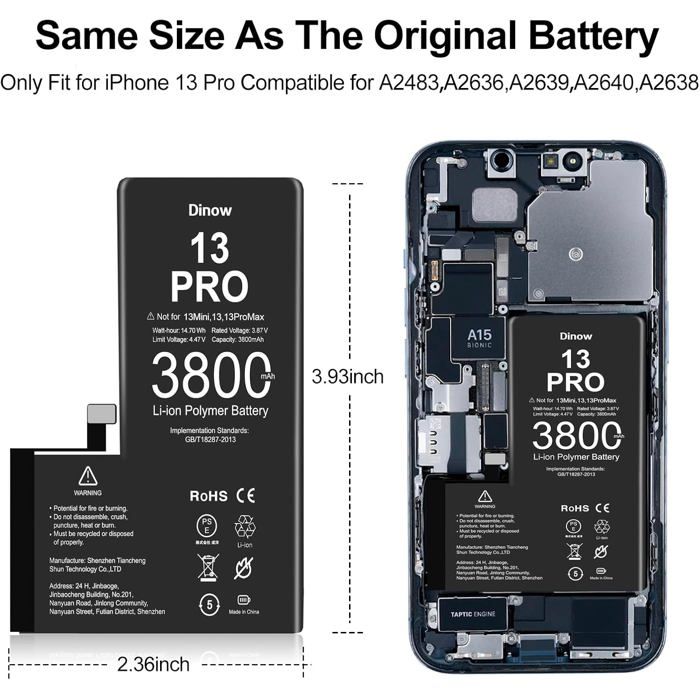 Batterie IPhone 13 Pro Haute Capacité 3800mAh - Avec Outils De Remplacement, Compatible Modèles A2483, A2636, Etc.