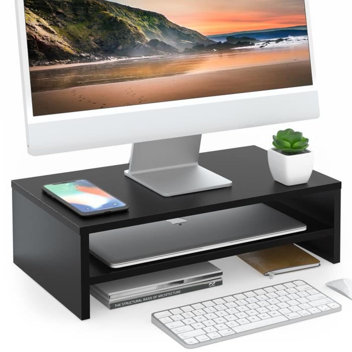 FITUEYES Support pour double écran - Support pour ordinateur portable à 3  étagères, longueur et angle réglables, bureau à domicile 
