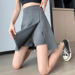 JUPE Mini jupe trapèze taille haute fendue pour femme,courte,surdimensionnée,monochromatique,bureau,dames,coréen,été- Gray[C82128]