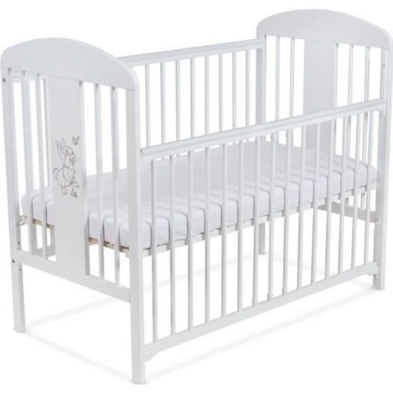 Lit pour Bébé à barreaux TOMI 18 - "Lapin" Barrière coulissante avec MATELAS, Blanc.