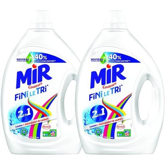 Mir Couleurs Fini Le TriLessive Liquide AntiTransfert de Couleurs86 Lavages (Lot de 2 x 2.15L