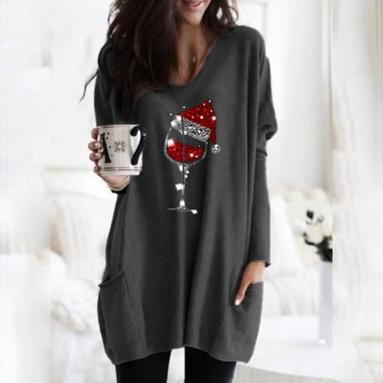 Tunique Femme Imprim de No l manches longues d contract Gris