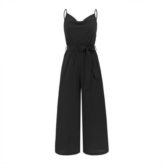 Combinaison Femme Élégante - Manches Courtes, Ceinture Inclus - Pantalon Large - Noir - Pour Soirée Ou Casual - 8
